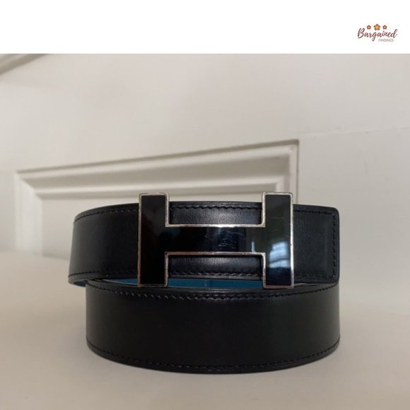 Authentic HERMES Black Smooth & Blue Pebbled Leather H Black Reversible Belt 85 main image 12